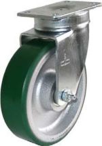 Caster; Swivel; 4" x 1-1/2"; PolyU on Cast Iron; Plate (2-1/2"x3-5/8"; holes: 1-3/4"x2-7/8" slotted to 3"; 5/16" bolt); Zinc; Roller Brng; 400#; Mtl Dustcap (Item #64023)