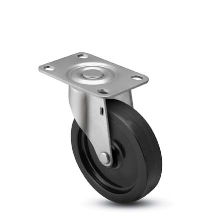 Caster; Swivel; 4" x 1-1/4"; Rubber (Soft); Plate (2-5/8"x3-3/4"; holes: 1-3/4"x2-3/4" slotted to 3"; 5/16" bolt); Zinc; Ball Bearing; 165#; Dust Cover (Mtl) (Item #64585)