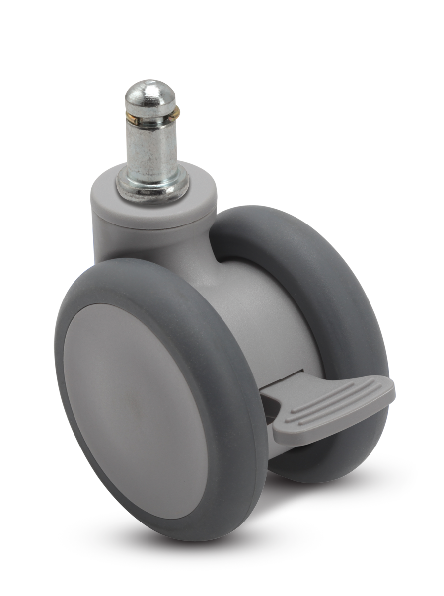 Caster; Twin Wheel; Swivel; 65mm; Thermoplastized Rubber (Gray); Grip Ring (7/16"x7/8"); Gray; Riveted Axle; 110#; Wheel Brake (Item #66697)