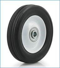 Wheel; 10" x 1-3/4"; Rubber (Solid) on White Steel Hub; Ball Brng; 1/2" Bore; 2" Hub Length; 185#; Ribbed Tread (Item #87378)