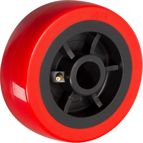 (image for) Caster; Swivel; 5" x 2"; PolyU on PolyO (Red/ Black); Plate; 4"x4-1/2"; holes: 2-5/8"x3-5/8" (slotted to 3"x3"); 3/8" bolt; Zinc; Roller Brng; 750#; Wheel Brake (Item #67821)