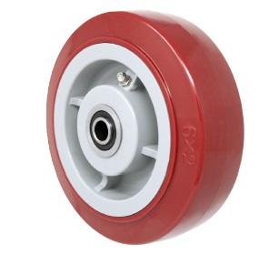 (image for) Caster; Swivel; 5"x2"; PolyU on PolyO (Usu Red or Blue); Plate; 4x4-1/2; holes: 2-5/8x3-5/8 (slots69 to 3x3); 3/8 bolt; Roller Brg; 750#; Top Lock Brake (Item #67600)