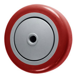 Wheel; 4" x 1-1/4"; PolyU on PolyO (Red/ Gray); Single Precision Ball Bearing; 3/8" Bore; 1-9/16" Hub Length; 300#; Thread guards (Item #87353)