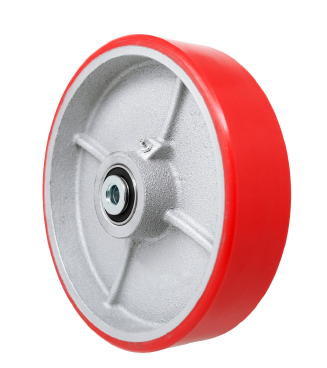 (image for) Caster; Swivel; 10" x 2-1/2"; Red PolyU on PolyO; Plate (4-1/2"x6-1/4"; holes: 2-7/16"x4-15/16" slotted to 3-3/8"x5-1/4"); Roller Brg; 1800#; Face Brake (Item #65373)