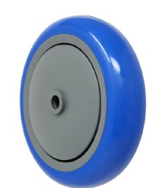 Wheel; 5" x 1-1/4"; PolyU on PolyO (Usu Red or Blue); Prec Ball Brngs; 3/8" Bore; 1-9/16" Hub Length; 350#; Thread guards (Item #87293)