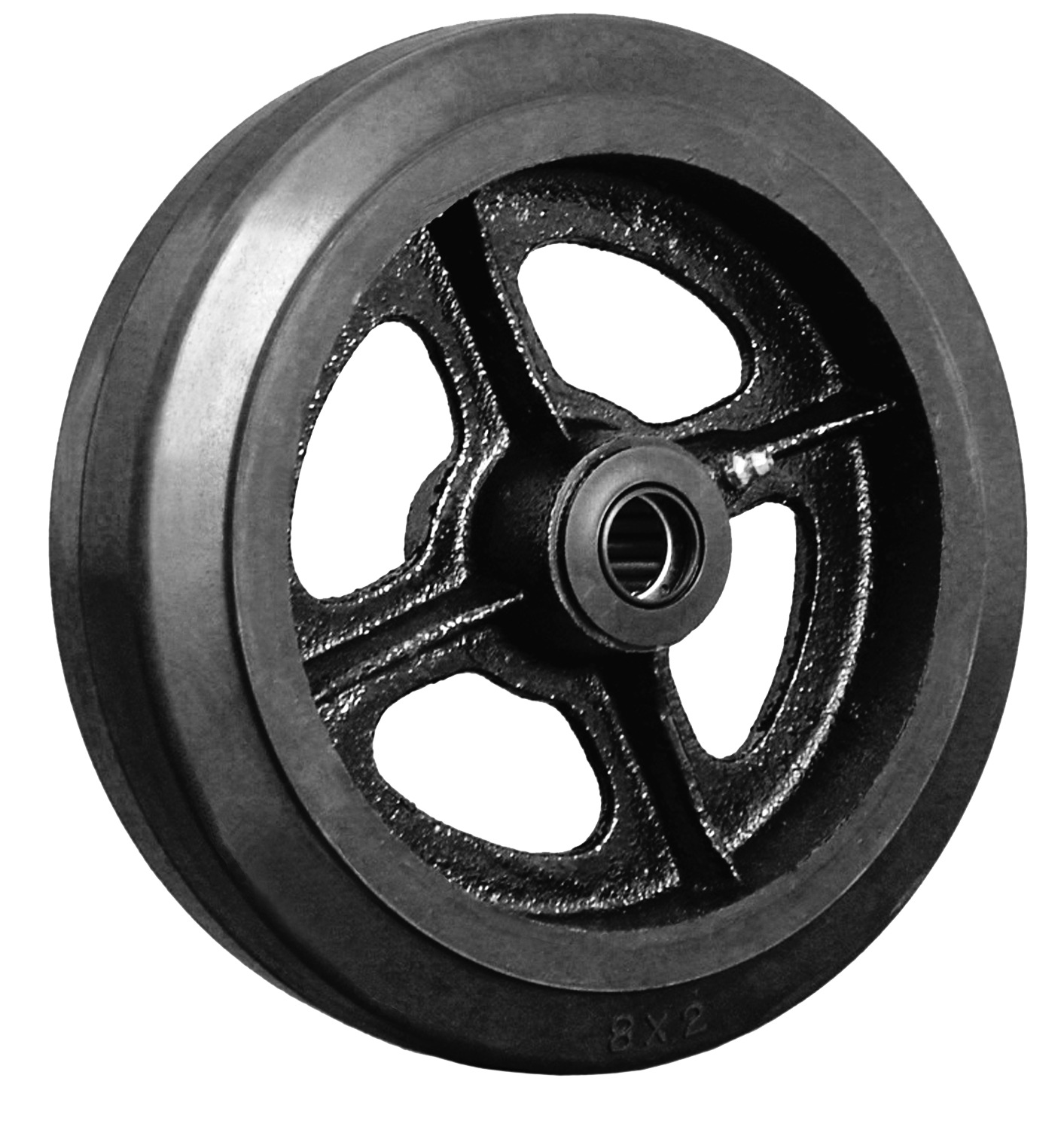 Wheel; 6" x 2"; Rubber on Cast Iron; Roller Brng; 500#; 1/2" bore; 2-7/16" Hub Length (Item #89806)