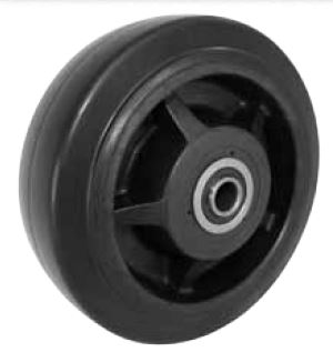 Wheel; 5" x 2"; Rubber on Nylon; Roller Brng; 1/2" Bore; 2-7/16" Hub Length; 450# (Item #88095)