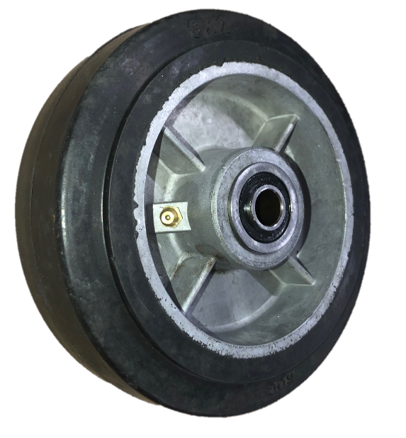 Wheel; 8" x 2"; Rubber (Bk) on Alum; Plain bore; 1-3/16" Bore; 2-3/16" Hub Length; 600# (Item #87271)