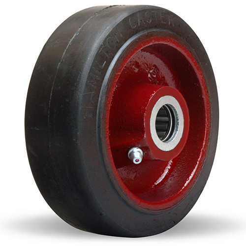 Wheel; 6" x 2"; Rubber on Red Cast Iron; Plain bore; 1-7/16" Bore; 2-1/4" Hub Length; 410# (Item #87702)