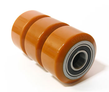 Pallet Jack Wheel; 5-1/2"x2"; PolyU (Orange) on Alum; twin 6205 ball bearings installed; 1200#; 1" Bore; 1-7/8" Hub Length (Item #89322)