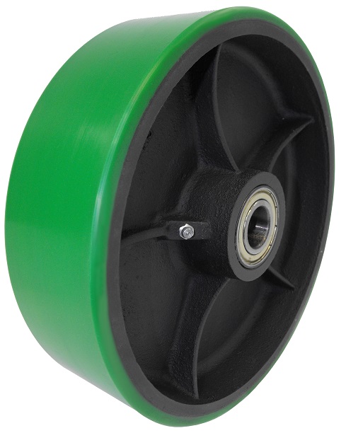 Wheel; 4" x 1-1/2"; PolyU on Cast Iron; Roller Brng; 3/4" Bore; 1-7/8" Hub Length; 600# (Usu Red or Green Tread) (Item #89058)