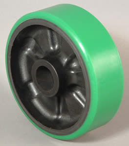 Wheel; 3-1/4" x 2"; PolyU on Cast Iron (Color May Vary); Roller Brng; 1/2" Bore; 2-7/16" Hub Length; 600# (Item #88346)
