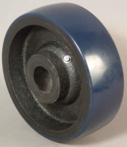 Wheel; 6" x 2"; PolyU (Crowned) on Cast (Blue); Roller Brng; 5/8" Bore; 2-7/16" Hub Length; 1400# (Item #89068)
