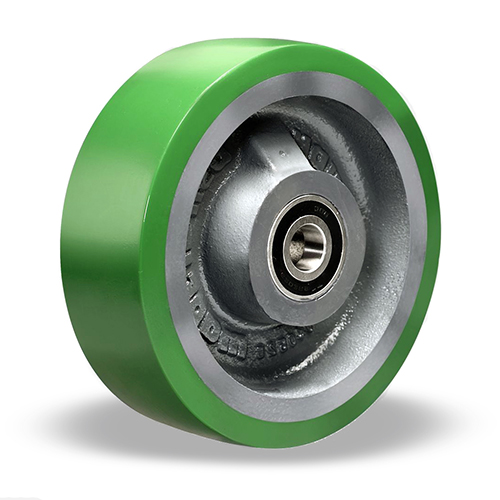 Wheel; 6" x 2"; Green 90A PolyU on Cast Iron; Roller Brng; 1" Bore; 2-1/4" Hub Length; 1200# (Item #87678)