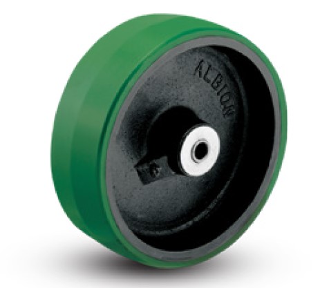 Wheel; 10" x 3"; PolyU on Cast Iron (Green on Black); Roller Brng; 1-1/2" Bore; 3-1/4" Hub Length; 3000# (Item #87588)