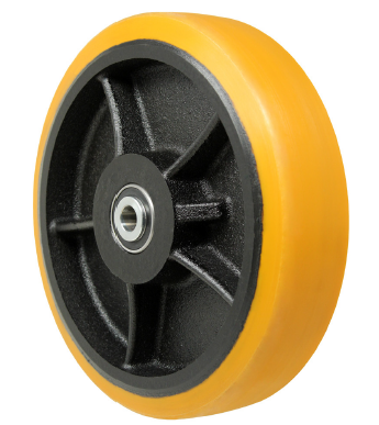 Wheel; 6" x 2"; PolyU (1/2" HD Yellow; 95A) on Cast Iron; Prec 6203 Ball Brngs; 1/2" Bore; 2-7/16" Hub Length; 2000# (Item #87381)