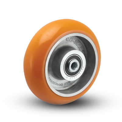 Wheel; 6" x 2"; Easy rolling round PolyU on Alum; Precision Ball Brng; 1/2" Bore; 2-7/16" Hub Length; 1250#.  (Usu Orange or Maroon). (Item #87752)