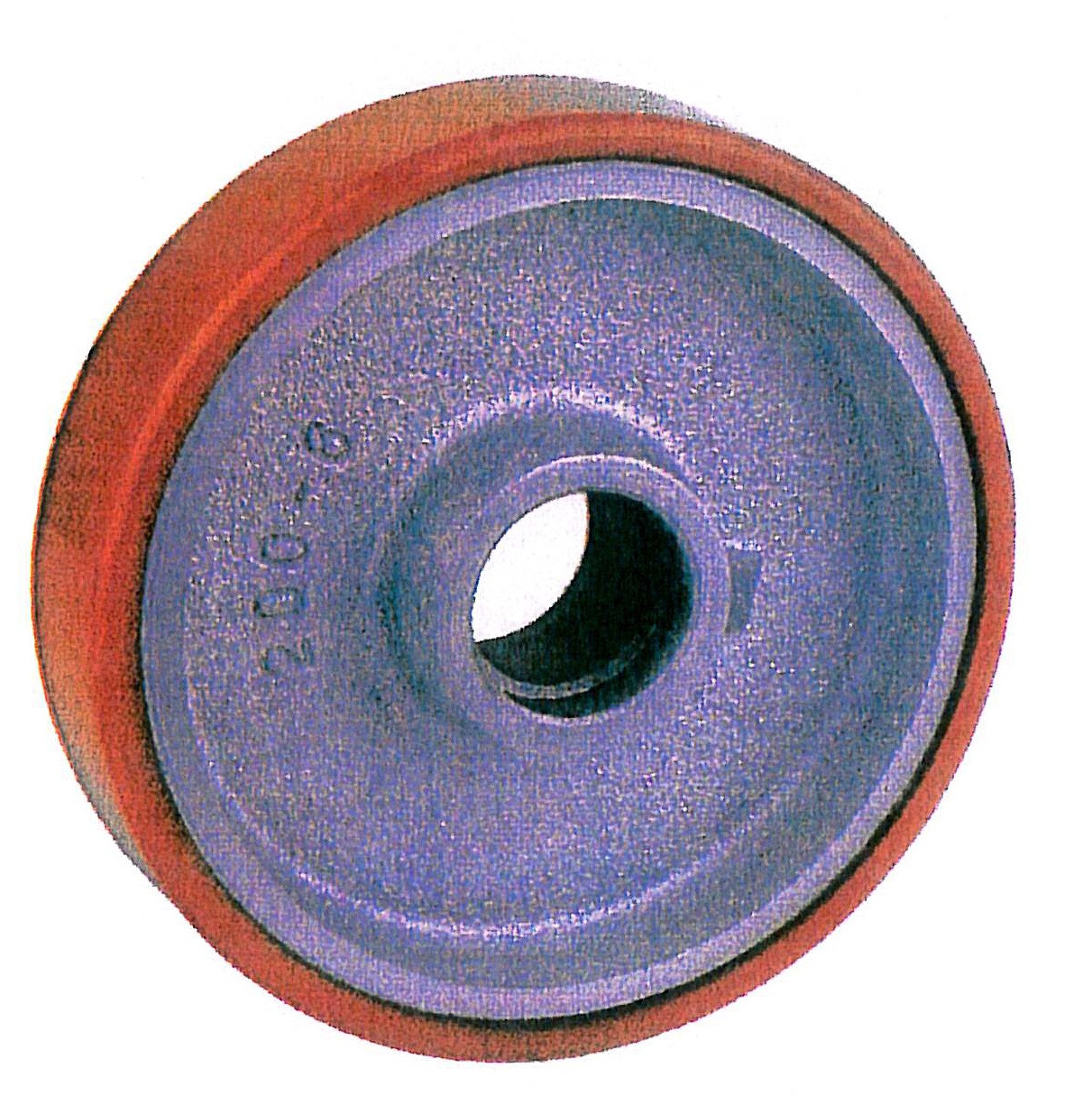 Pallet Jack Wheel; 5-1/2"x2"; PolyU on Cast Iron (Org/Slvr); twin 6205 ball bearings installed; 1200#; 1" Bore; 2" Hub Length (Item #89354)