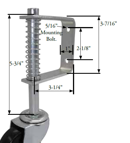 Gate Caster Bracket (1"x3-7/16"; Holes 2-1/8" apart); Accepts 7/16" Grip Riing stem caster (max 4" wheel); 30# to full spring deflection. 2" spring movement. (Item #88511)