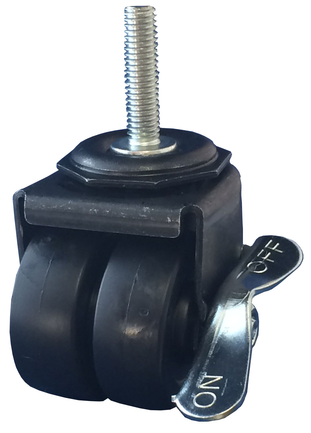 Caster; Dual Wheel; Swivel; 2" x 7/8" (x2); Polyolefin; Threaded Stem (3/8"-16TPI x 1-1/2"); Black Rig; Plain bore; 225#; Side friction brake (Item #65731)