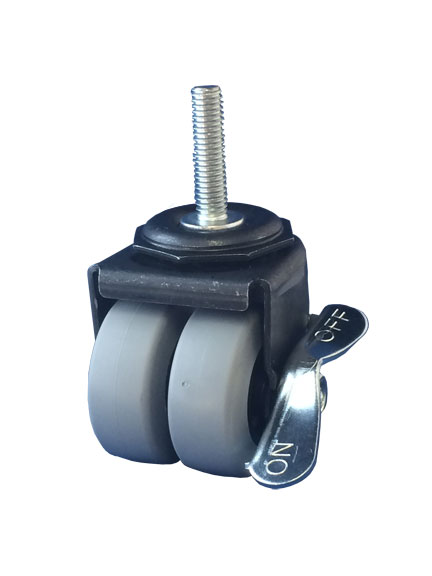 Caster; Dual Wheel; Swivel; 2" x 7/8" (x2); Thermoplastized Rubber (Gray); Threaded Stem (3/8"-16TPI x 1-1/2"); Black Rig; Plain bore; 180#; Side brake (Item #65737)
