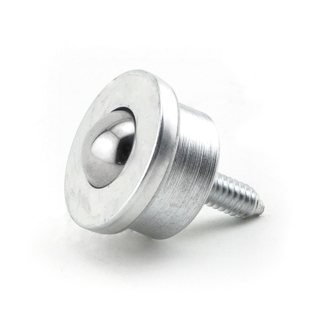 Ball Transfer; 5/8" Carbon Steel ball; Threaded Stud (1/4"-20TPI x 3/4"); Machined steel housing and stud; 125#; 13/16" load height (Item #88651)