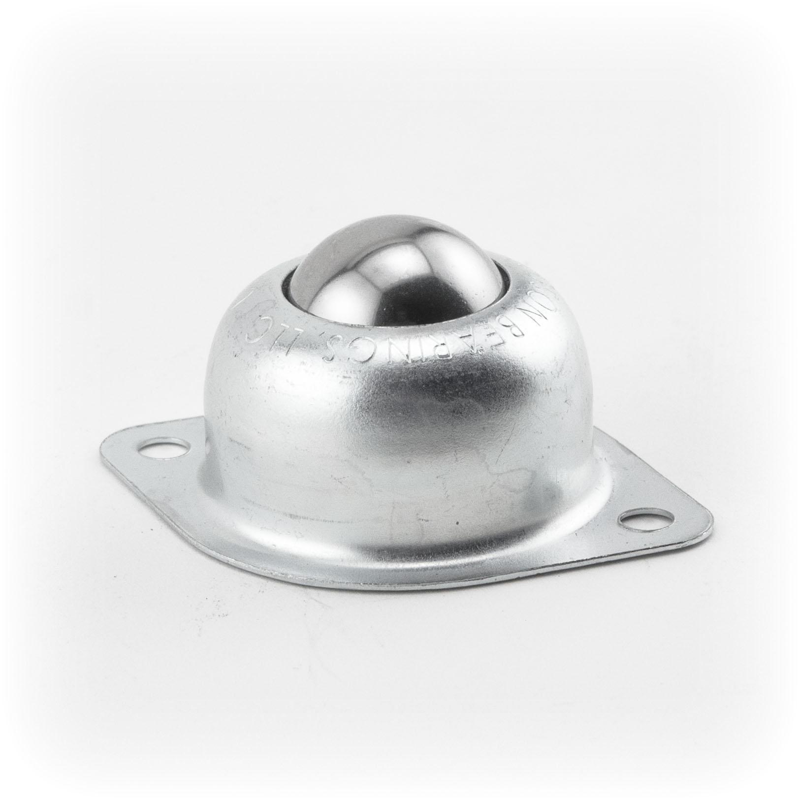 Ball Transfer; 1"; Stainless Steel Main Ball; Flange (2"x2-3/4"; 2-hole spacing: 2-3/16"; 3/16" bolt); Zinc Coated Housing; 75#; 1-3/16" load height (Item #89353)