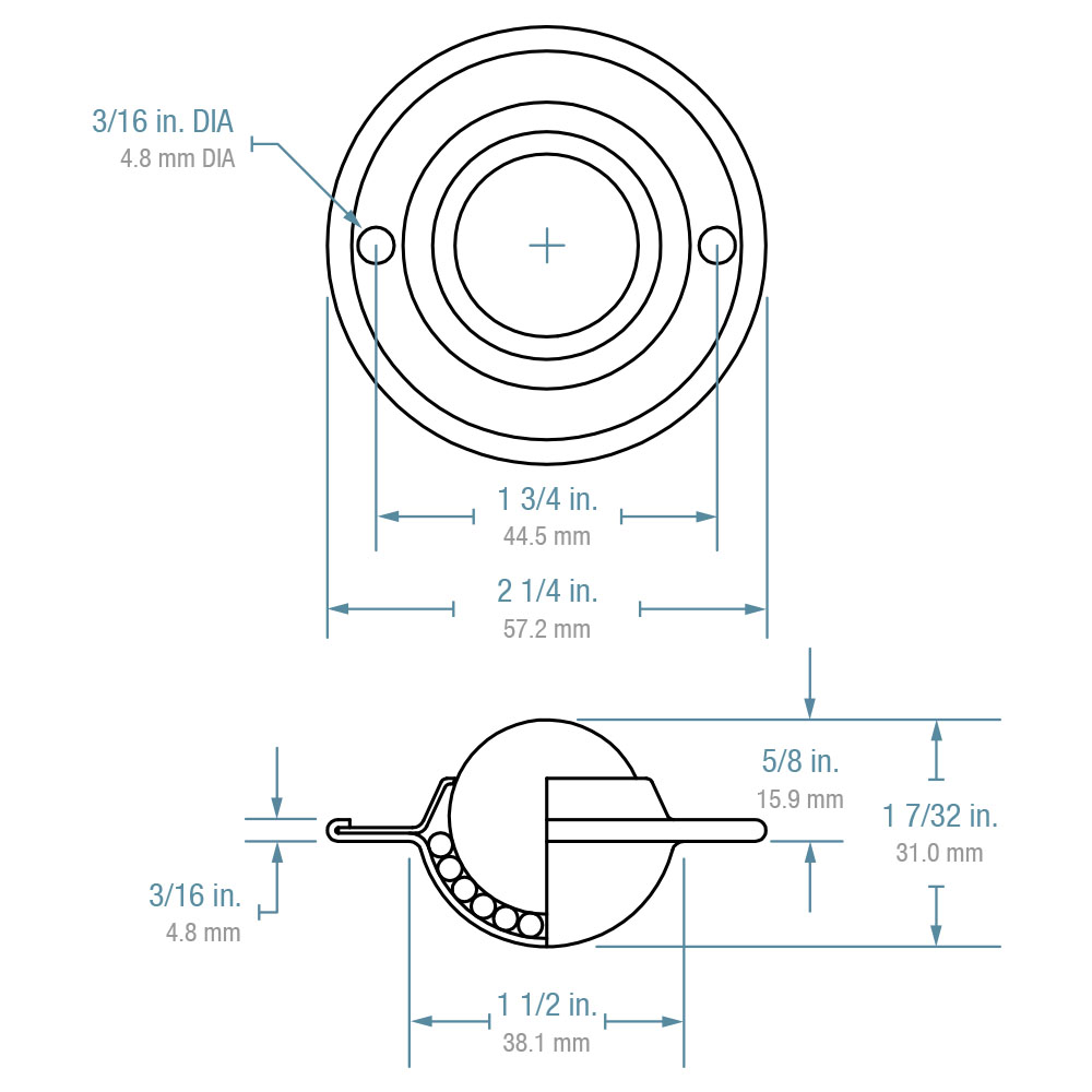 Ball Transfer; Low Profile; 1" Stainless Steel ball; Round Flange (2-1/4" diameter: two holes: 1-3/4" inch apart); Carbon Steel housing; 75#; 5/8" inch profile (Item #89099)
