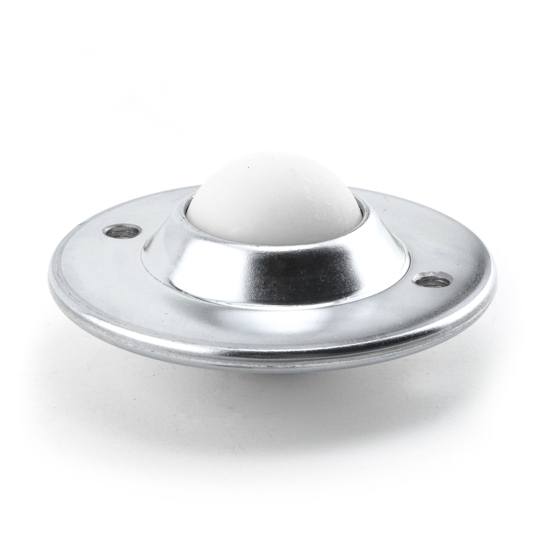 Ball Transfer; 1"; Nylon Ball; Flange; Round (2-7/8" diameter: two holes: 2-3/16" apart); Carbon Steel housing; 75#; Load height: 5/8"; Recessed depth 5/8" (Item #88173)