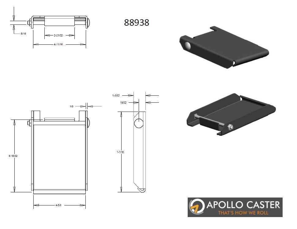 Caster Quick Change Plate; weld-on or bolt-on style; Steel; for Plate 4"x4-1/2"; Unplated; Receiving width 4-1/8". 5/32" Thick. [NOT COMPATIBLE with Pos Locks] (88960)