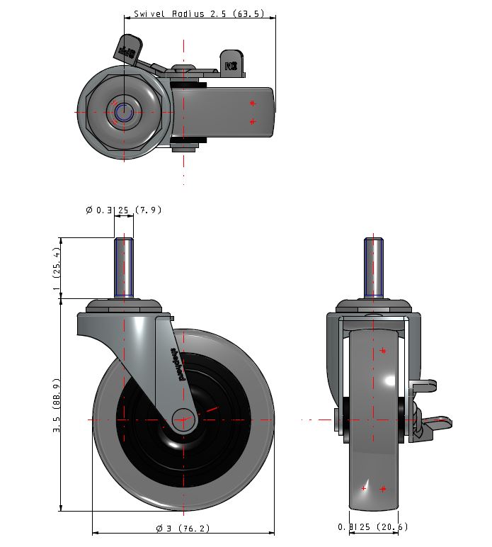 (image for) Caster; Swivel; 3" x 13/16"; PolyU on PolyO (Gray); Threaded Stem (5/16"-18TPI x 1"); Zinc; Plain bore; 120#; Side friction brake (Item #64203)