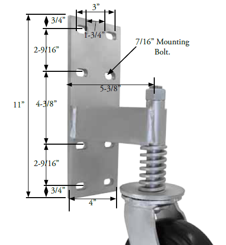 (image for) Spring Loaded Gate Swivel Caster; 6" x 2"; Phenolic; Bracket (11"x4"; 8 holes 1-3/4" (slotted to 3") x 9-1/2"; 7/16" bolt); Zinc; Roller Brng; 700#; Brake (Item #65196)