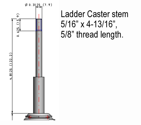 (image for) Caster; Swivel; 3" x 13/16"; Rubber (Soft); Ladder Caster stem (5/16"x4-13/16"; thread length 5/8"); Zinc; Plain bore; 110#. Spring not included. (Item #64720)