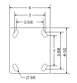 Caster; Swivel; 5" x 2"; Polyolefin; Plate (4"x4-1/2"; holes: 2-5/8"x3-5/8" slots to 3"x3"; 3/8" bolt); Zinc; Roller Brng; 800#; Position Lock (4-way); Brake (Item #69381)