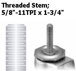 (image for) Caster; Swivel; 4" x 1-1/4"; Polyolefin; Threaded Stem (5/8"-11TPI x 1-3/4"); Zinc; Delrin Spanner; 275#; Wheel brake (Item #63636)