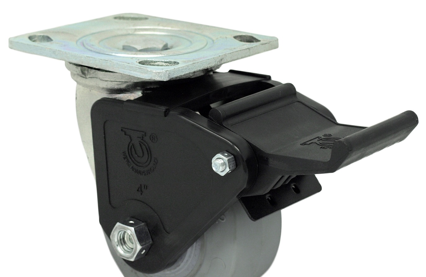 Caster; Swivel; 4" x 2"; Thermoplastized Rubber (Black); Plate (4"x4-1/2"; holes: 2-5/8"x3-5/8" slots to 3"x3"; 3/8" bolt); Zinc; Roller Brng; 300#; Pedal Brake (Item #64055)